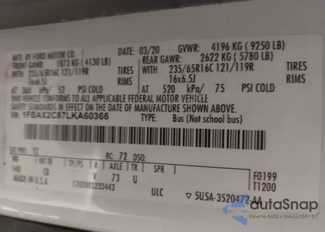 2020 Ford Transit-350 Passenger Van Xlt from USA, damaged, VIN 1FBAX2C87LKA60366